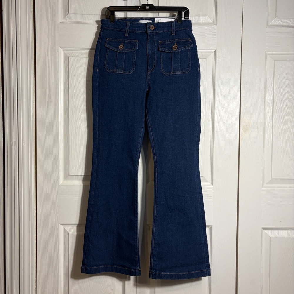 Loft Curvy Slim Flare Jeans Women 29/8 Dark Blue Wash Denim Flap Patch Pocket